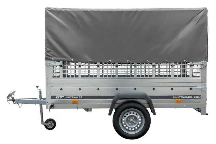 Atrelado grande 230×125 com lona alta cinzenta, grades laterais e roda de apoio – Garden Trailer 230 KIPP