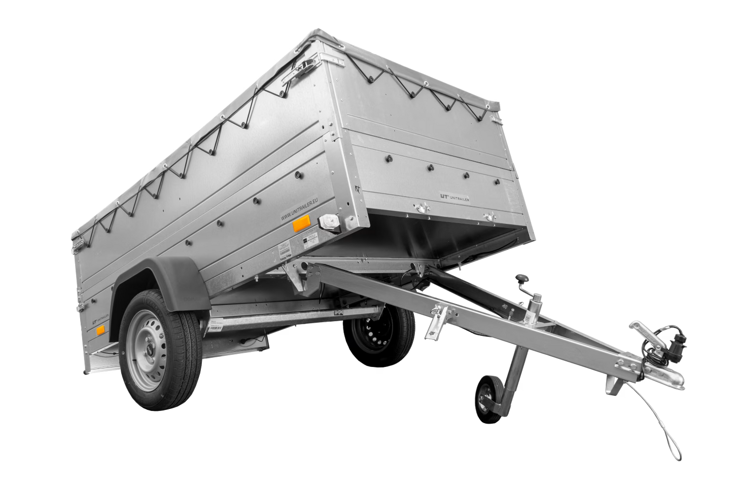 Atrelado grande 230×125 com lona plana cinzenta, barras de suporte de lona, extensores de taipais e roda jockey – Garden Trailer 230 KIPP