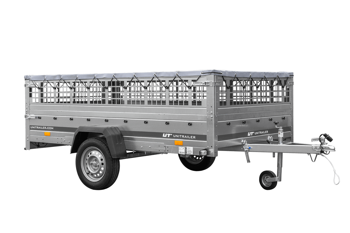 Reboque leve 264x150 UNITRAILER GARDEN 265 KIPP com taipais em rede, chassis H-0 e lona cinzenta