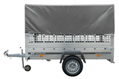 Atrelado grande 230×125 com lona alta cinzenta, grades laterais e roda de apoio – Garden Trailer 230 KIPP