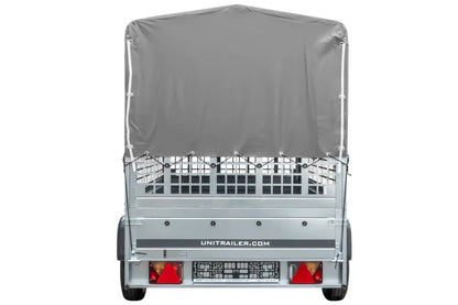 Atrelado grande 230×125 com lona alta cinzenta, grades laterais e roda de apoio – Garden Trailer 230 KIPP