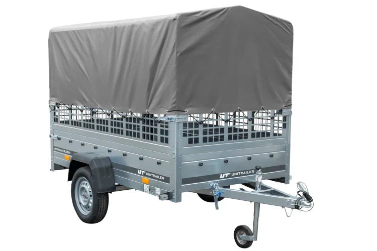Atrelado grande 230×125 com lona alta cinzenta, grades laterais e roda de apoio – Garden Trailer 230 KIPP