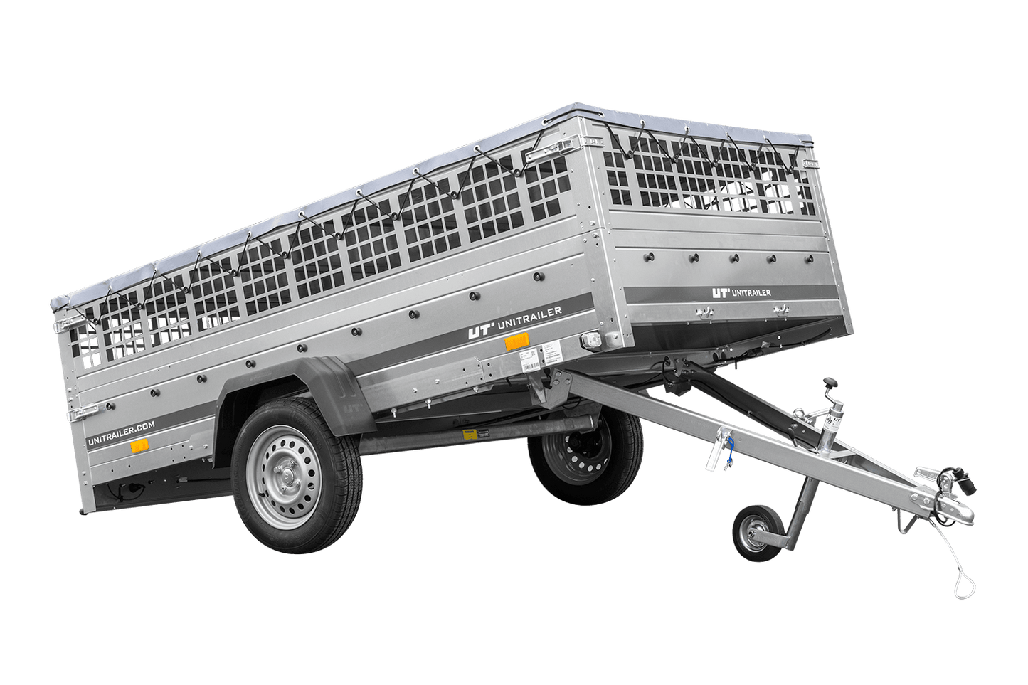 Reboque leve 264x150 UNITRAILER GARDEN 265 KIPP com taipais em rede, chassis H-0 e lona cinzenta
