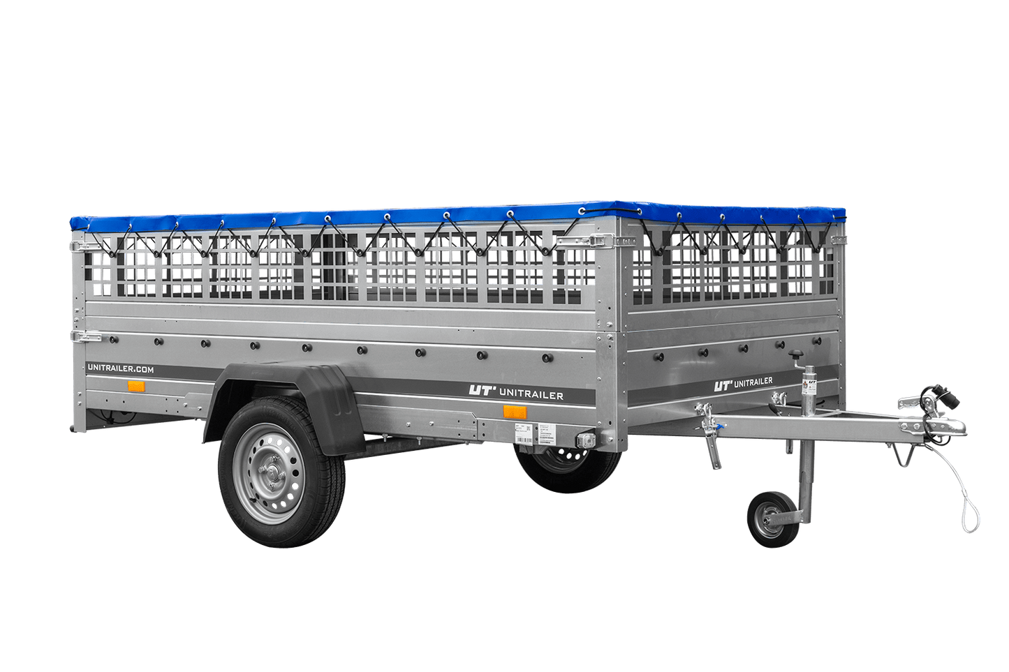 Remorque légère 264x150 UNITRAILER GARDEN 265 KIPP avec ridelles grillagées, châssis H-0 et bâche bleue