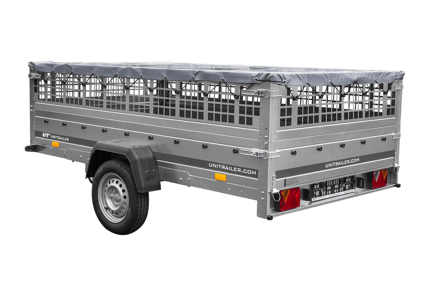 Reboque leve 264x150 UNITRAILER GARDEN 265 KIPP com taipais em rede, chassis H-0 e lona cinzenta