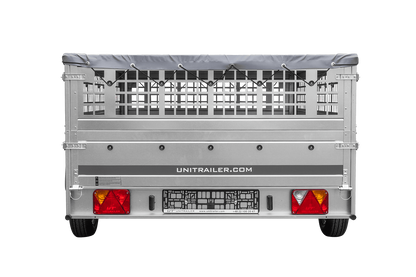 Reboque leve 264x150 UNITRAILER GARDEN 265 KIPP com taipais em rede, chassis H-0 e lona cinzenta
