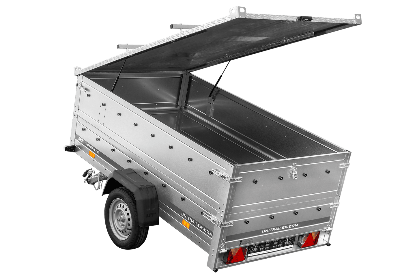 Reboque de um eixo 230x125 UNITRAILER GARDEN 230 KIPP com laterais duplas e lona de alumínio