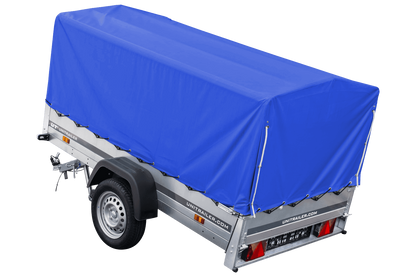 Reboque rodoviário com lona azul alta, arco H-800 e roda jockey 230x125 Garden Trailer 230 KIPP