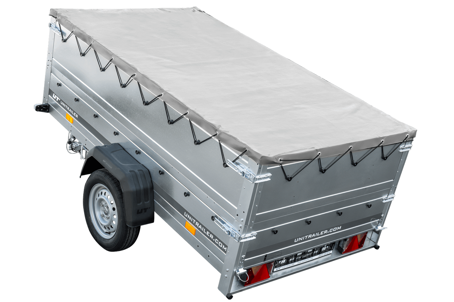 Reboque grande 230x125 com lona plana cinzenta, extensores de taipais e roda jockey – Garden Trailer 230 KIPP