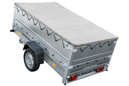 Reboque grande 230x125 com lona plana cinzenta, extensores de taipais e roda jockey – Garden Trailer 230 KIPP
