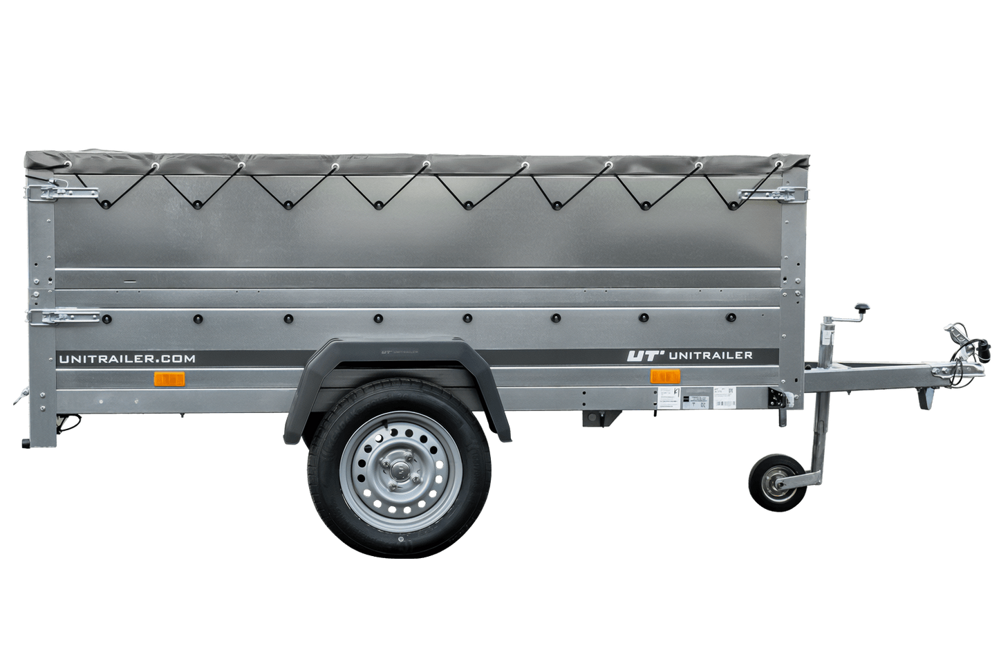 Reboque grande 230x125 com lona plana cinzenta, extensores de taipais e roda jockey – Garden Trailer 230 KIPP