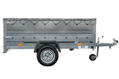 Reboque grande 230x125 com lona plana cinzenta, extensores de taipais e roda jockey – Garden Trailer 230 KIPP